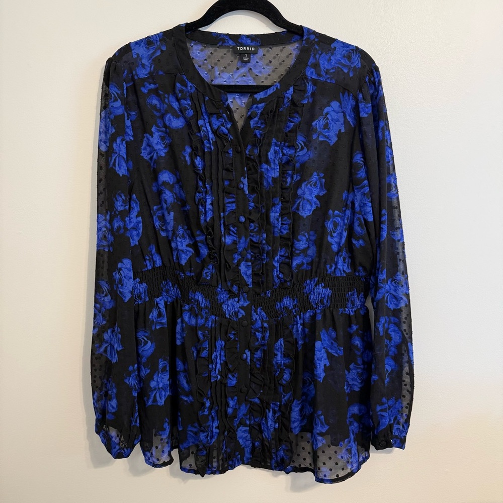 torrid Black & Royal Blue Sheer Floral Ruffle Peasant Blouse